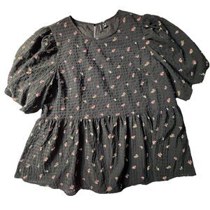 Vero Moda (Danish) Dark Floral XL Peplum Puff Sleeve Milkmaid Top Cottage Core